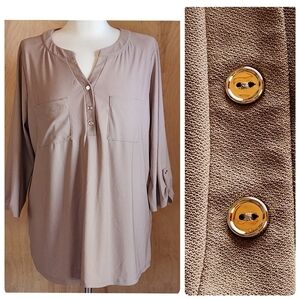 Taupe Roll-Tab Sleeve Blouse Minimalist Boho Tunic  Earth Tone Safari Chic Earth